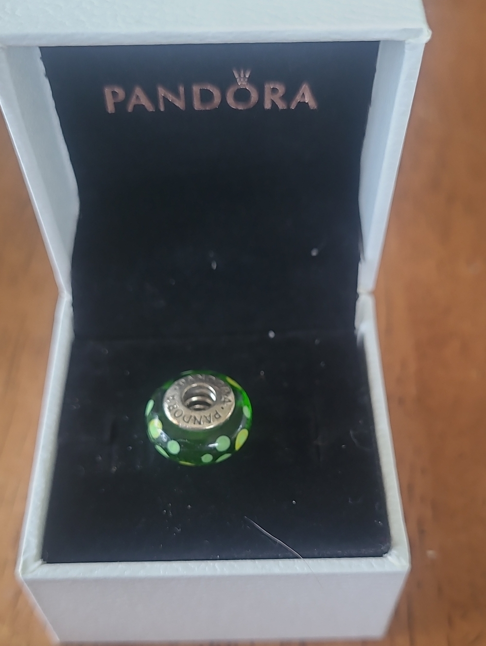 Pandora Green Glass Bead with Lime and White Dots